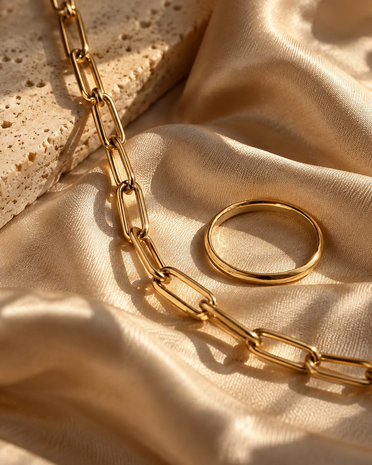 Maille paperclip et anneau fin en vermeil sur soie champagne