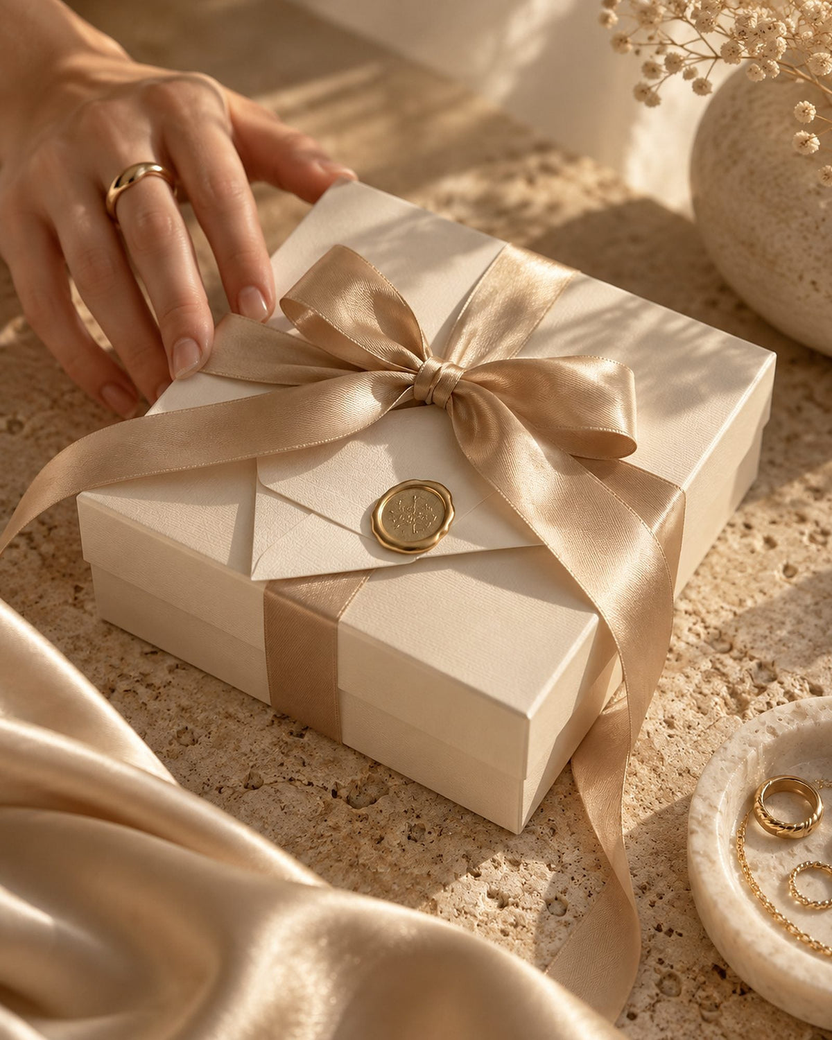 Écrin cadeau fermé par un ruban de soie champagne